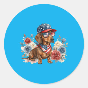 Dachshund-Blumen-Amerikanische-Flagge-USA-4.-Juli Runder Aufkleber