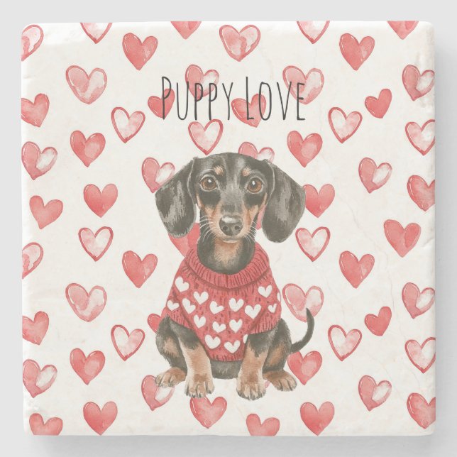 Dachshund Brauner Hund Rot Weiß Herzen Pullover Steinuntersetzer (Vorderseite)