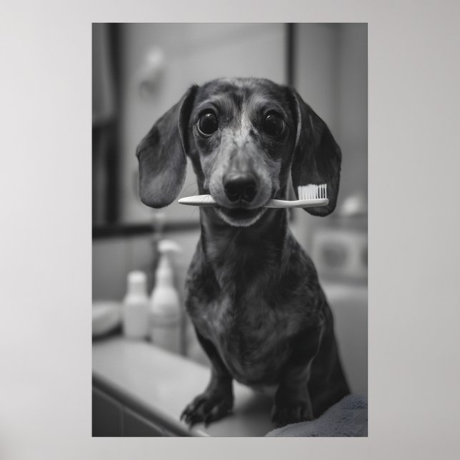 Dachshund Brushing Teeth Print, Funny Bathroom Dog Poster (Vorne)