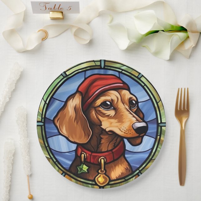 Dachshund Buntglas Weihnachten Pappteller (Hochzeit)