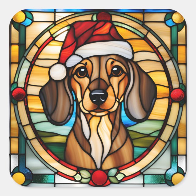 Dachshund-Buntglas-Weihnachtsaufkleber Quadratischer Aufkleber (Vorderseite)