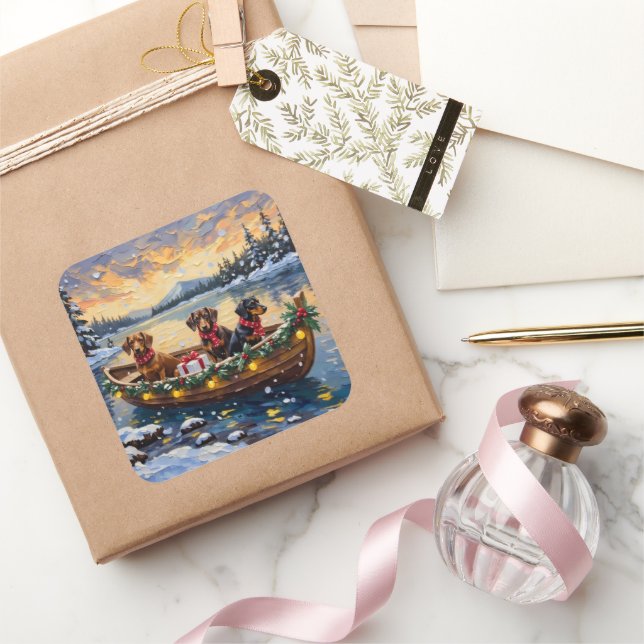 Dachshund Christmas Boat Holiday Quadratischer Aufkleber (Schenken)