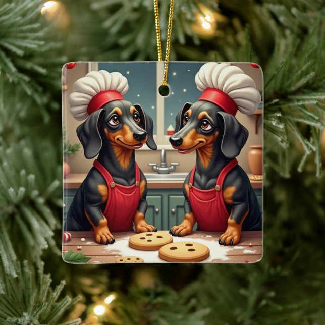 Dachshund Christmas Cookie Bakers Holiday Painting Keramikornament (Baum)