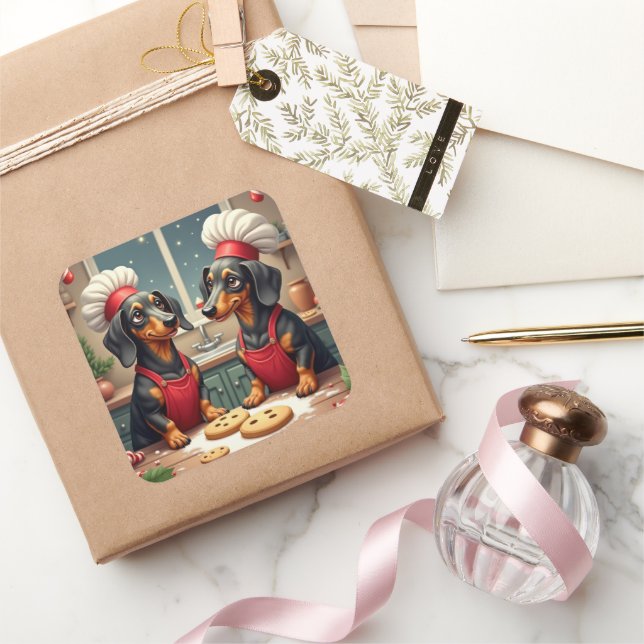 Dachshund Christmas Cookie Bakers Holiday Painting Quadratischer Aufkleber (Schenken)