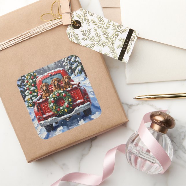 Dachshund Christmas Red Truck Holiday Quadratischer Aufkleber (Schenken)