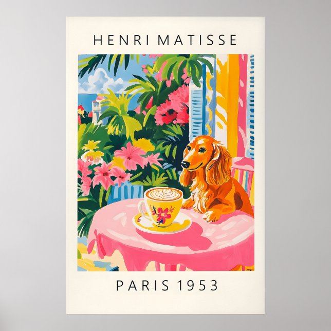 Dachshund Coffee Print Matisse Style Pink Kitchen Poster (Vorne)