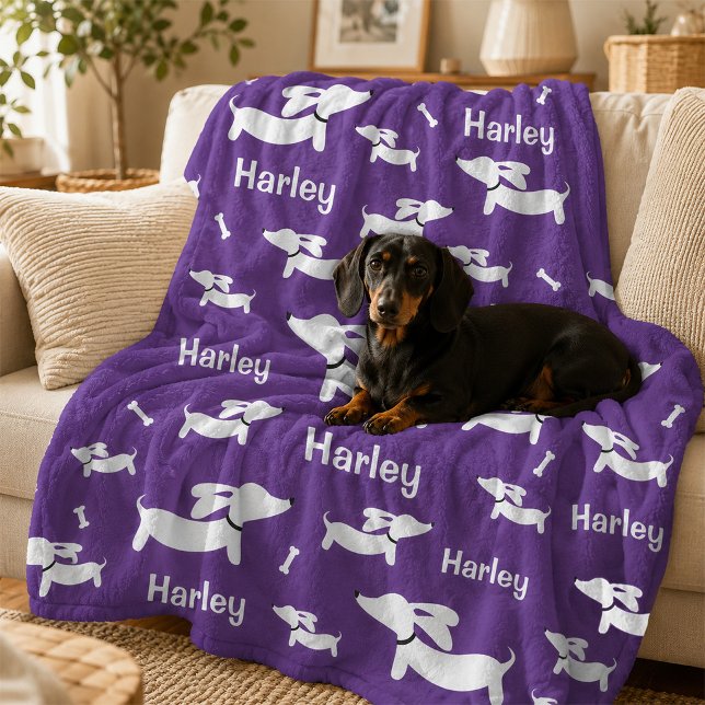 Dachshund-Decke Lila Personalisiert Doxie Mütter  Fleecedecke (wiener dog blanket - purple personalized with your wiener dog's name)