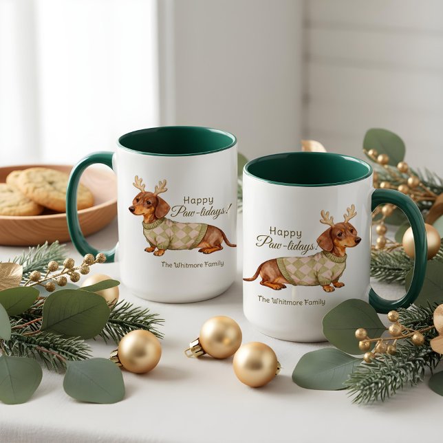 Dachshund Dog Antlers Christmas Checkered Sweater  Tasse (Dachshund Dog Antlers Christmas Checkered Sweater Mug)