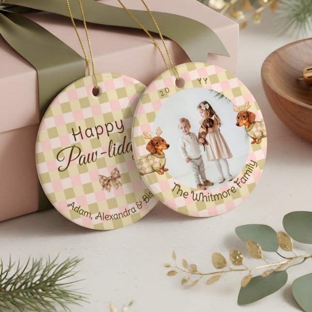 Dachshund Dog Christmas Checkered Sweater Photo Keramik Ornament (Dachshund Dog Christmas Checkered Sweater Photo Ceramic Ornament)