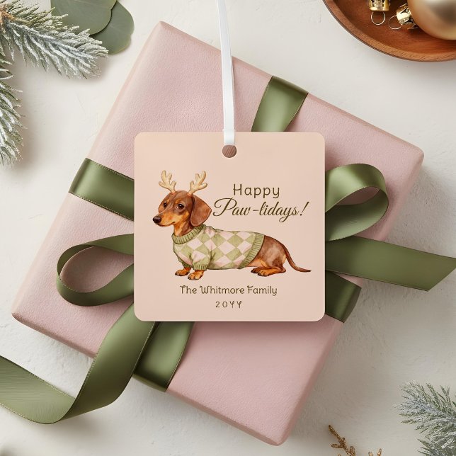 Dachshund Dog Christmas Checkered Sweater Photo Ornament Aus Metall (Dachshund Dog Christmas Checkered Sweater Photo Metal Ornament)