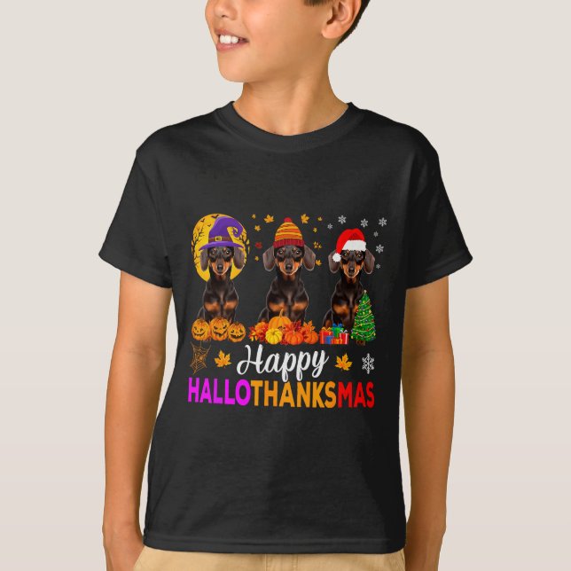Dachshund Dog Halloween Christmas Hallothanksmas F T-Shirt (Vorderseite)