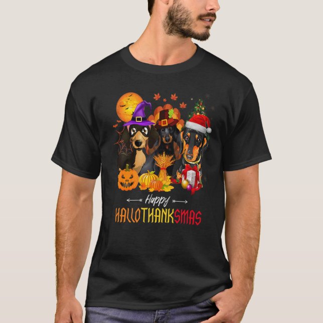 Dachshund Dog Halloween Merry Christmas Happy Hall T-Shirt (Vorderseite)