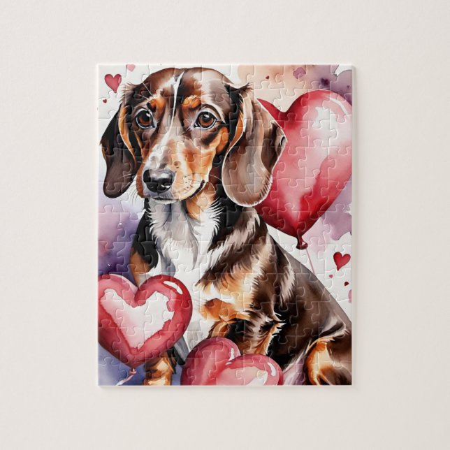 Dachshund Dog Pet Portrait Watercolor Valentine Puzzle (Vertikal)