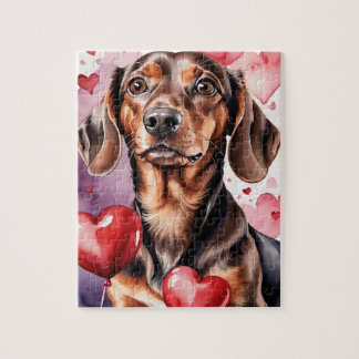 Dachshund Dog Pet Portrait Watercolor Valentine Puzzle