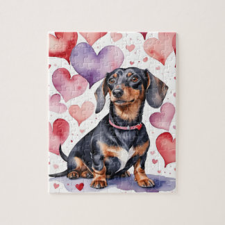 Dachshund Dog Pet Portrait Watercolor Valentine Puzzle