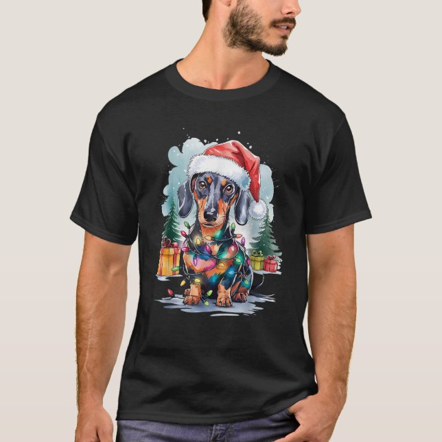 Dachshund Dog Santa Hat Christmas Lights Tree Wint T-Shirt (Vorderseite)