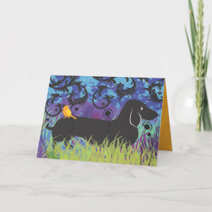 Dachshund Dog with Bird Greeting Card Karte