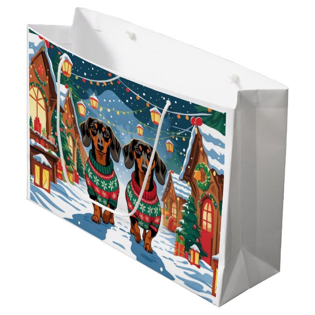Dachshund Dogs Christmas Snow Holiday Große Geschenktüte (Vorderseite Schrägansicht)