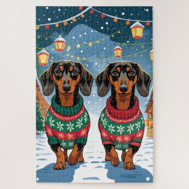 Dachshund Dogs Christmas Snow Holiday Puzzle (Vertikal)