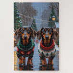 Dachshund Dogs Christmas Snow Holiday Puzzle<br><div class="desc">This festive design captures the joyful spirit of the holiday season, featuring an adorable dogs.Nestled in a winter wonderland, complete with a decorated Christmas tree, and beautifully wrapped presents. Snowflakes gently fall, adding a magical touch to the scene, while the vibrant colors of the holiday decorations create a warm and...</div>