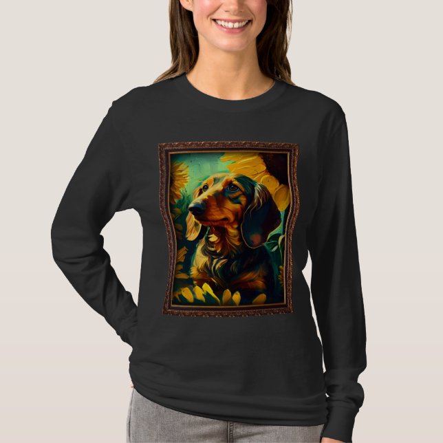 Dachshund Doxie Weenie Painting Sunflower Flower M T-Shirt (Vorderseite)