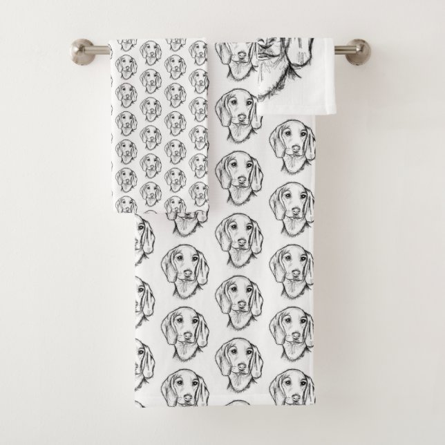 Dachshund Drawn Sketch Black Puppy Dog Badhandtuch Set (Insitu)