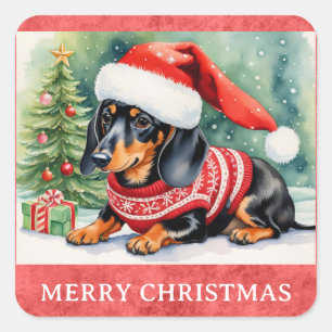 Dachshund Frohe Weihnachten Süßer Welpe Hund Quadratischer Aufkleber