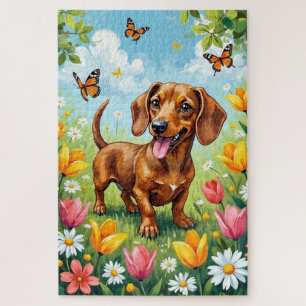 Dachshund Frühlingsblumen Süßer Hund Puzzle