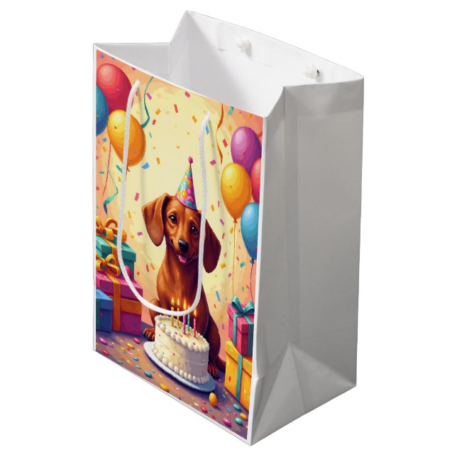 Dachshund-Geburtstagsfeier Mittlere Geschenktüte (Vorderseite Schrägansicht)
