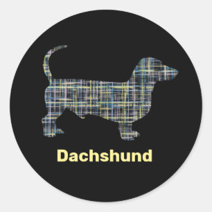Dachshund Gelb & Blau Gitterlinien Abstract Runder Aufkleber