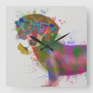 Dachshund & Glasses Rainbow Splash Quadratische Wanduhr