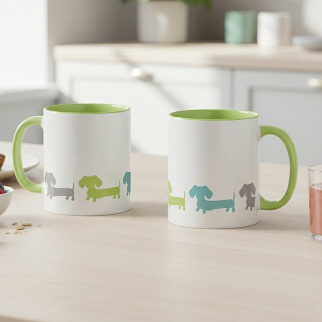 Dachshund Green Blue Coffee Mug Tasse (modern dachshund mug with teal, green and gray wiener dogs)