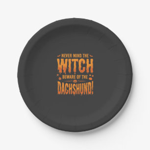 Dachshund Halloween Hexenwarnung Typografie Vecto Pappteller