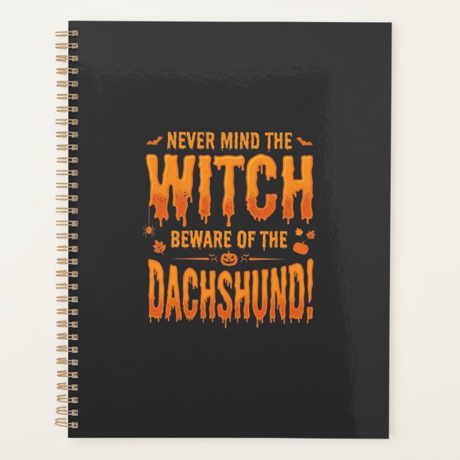 Dachshund Halloween Hexenwarnung Typografie Vecto Planer (Vorderseite)