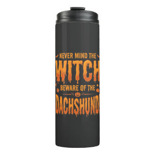 Dachshund Halloween Hexenwarnung Typografie Vecto Thermosbecher