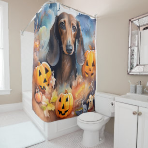 Dachshund Halloween mit Kürbissen Gruselig Duschvorhang