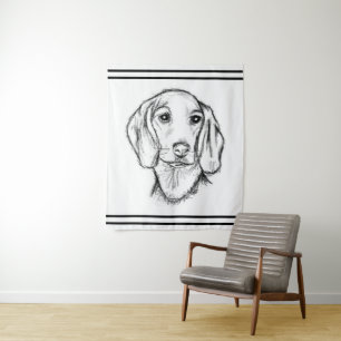 dachshund hand drawn sketch black white puppy dog  wandteppich