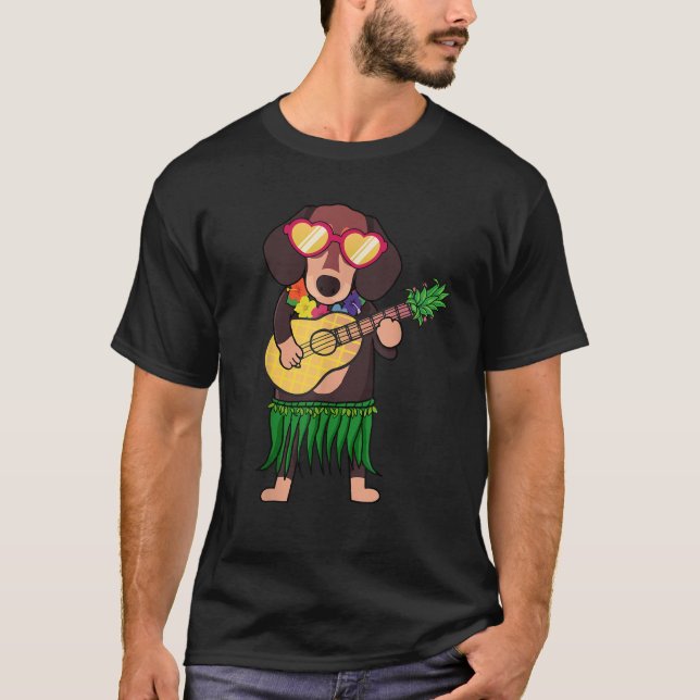 Dachshund Hawaiian Costume Playing Ukulele Summer  T-Shirt (Vorderseite)