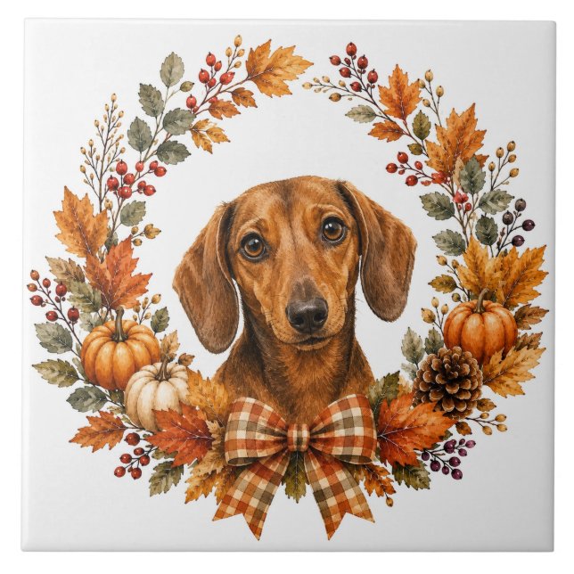 Dachshund-Herbstkranz Fliese (Vorderseite)