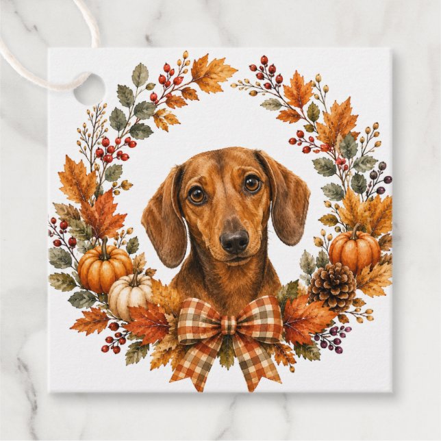 Dachshund Herbstkranz Geschenkanhänger (Vorderseite)