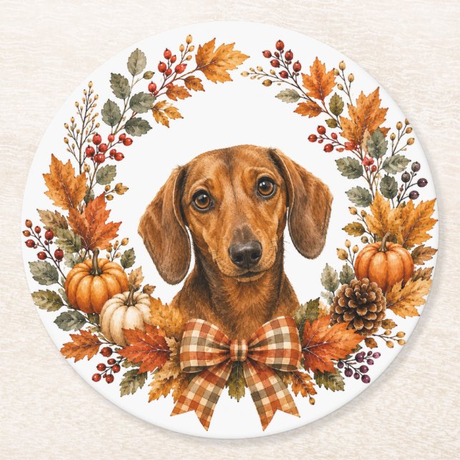 Dachshund-Herbstkranz-Untersetzer Runder Pappuntersetzer (Vorderseite)