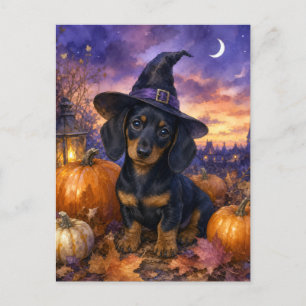 Dachshund Hexenhut Kürbis Postkarte
