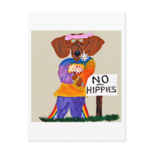 Dachshund-Hippie an einem Schild "Keine Hippies"