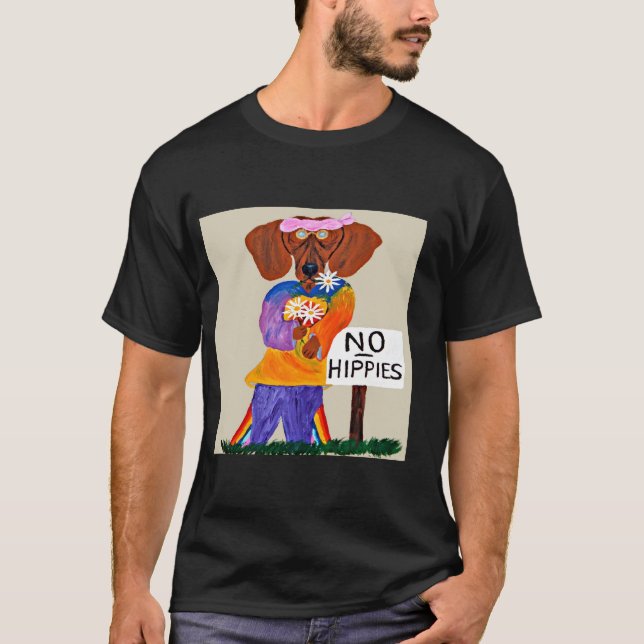Dachshund Hippie at No Hippies Sign T-Shirt (Vorderseite)