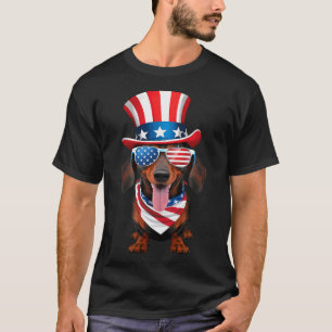 Dachshund Hund Amerikanische Flagge Brille Hut 4. T-Shirt