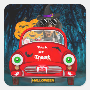 Dachshund Hund fährt Auto Gruseliges Halloween Quadratischer Aufkleber