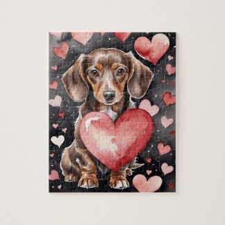 Dachshund-Hund Haustier-Porträt Aquarell Valentins Puzzle