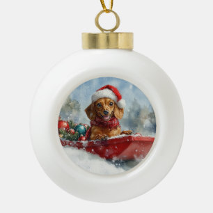 Dachshund Hund im Schlitten Lass es schneien Weihn Keramik Kugel-Ornament