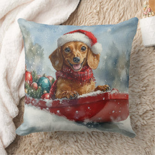 Dachshund Hund im Schlitten Lass es schneien Weihn Kissen