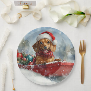 Dachshund Hund im Schlitten Lass es schneien Weihn Pappteller